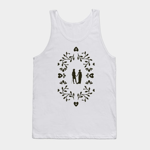 Pride and Prejudice Silhouette of Mr. Darcy and Elizabeth Bennet from Writer Jane Austen in a Folk Art Botanical Frame With Romantic Hearts and Butterflies Black and White Victorian Frame Tank Top by penandbea